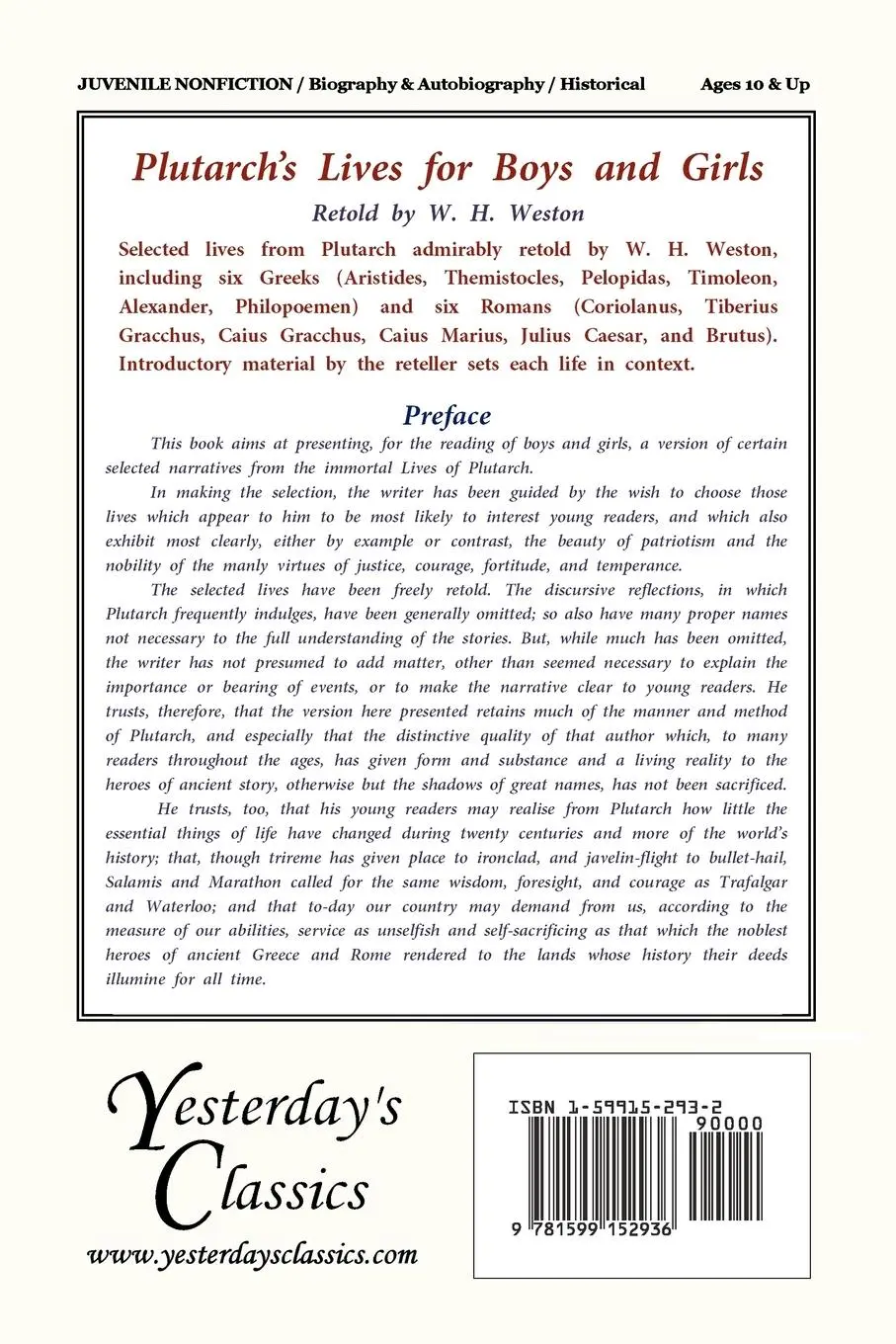 Rückseite: 9781599152936 | Plutarch's Lives for Boys and Girls (Yesterday's Classics) | Weston