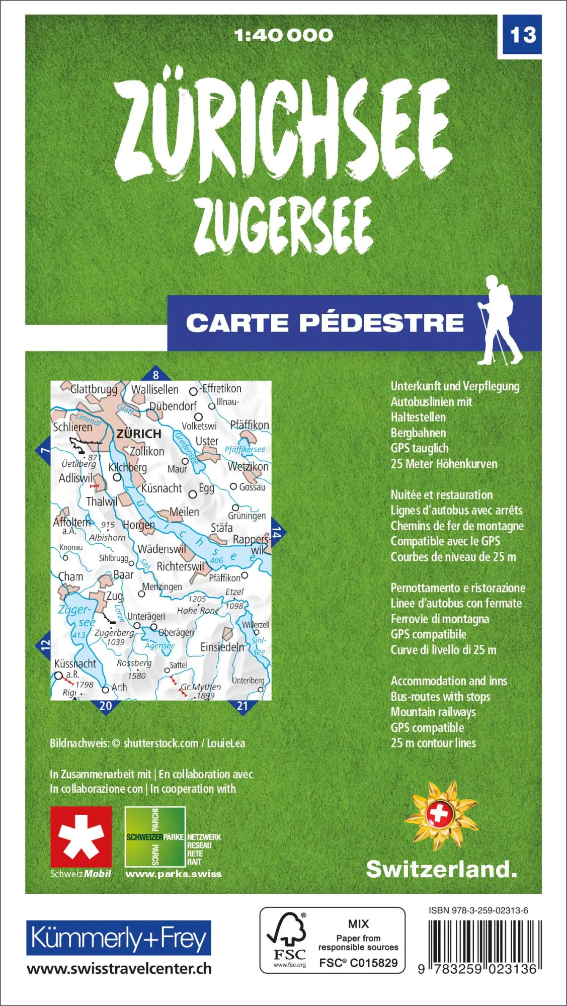 Rückseite: 9783259023136 | Zürichsee - Zugersee 13 Wanderkarte 1:40 000 matt laminiert | Deutsch