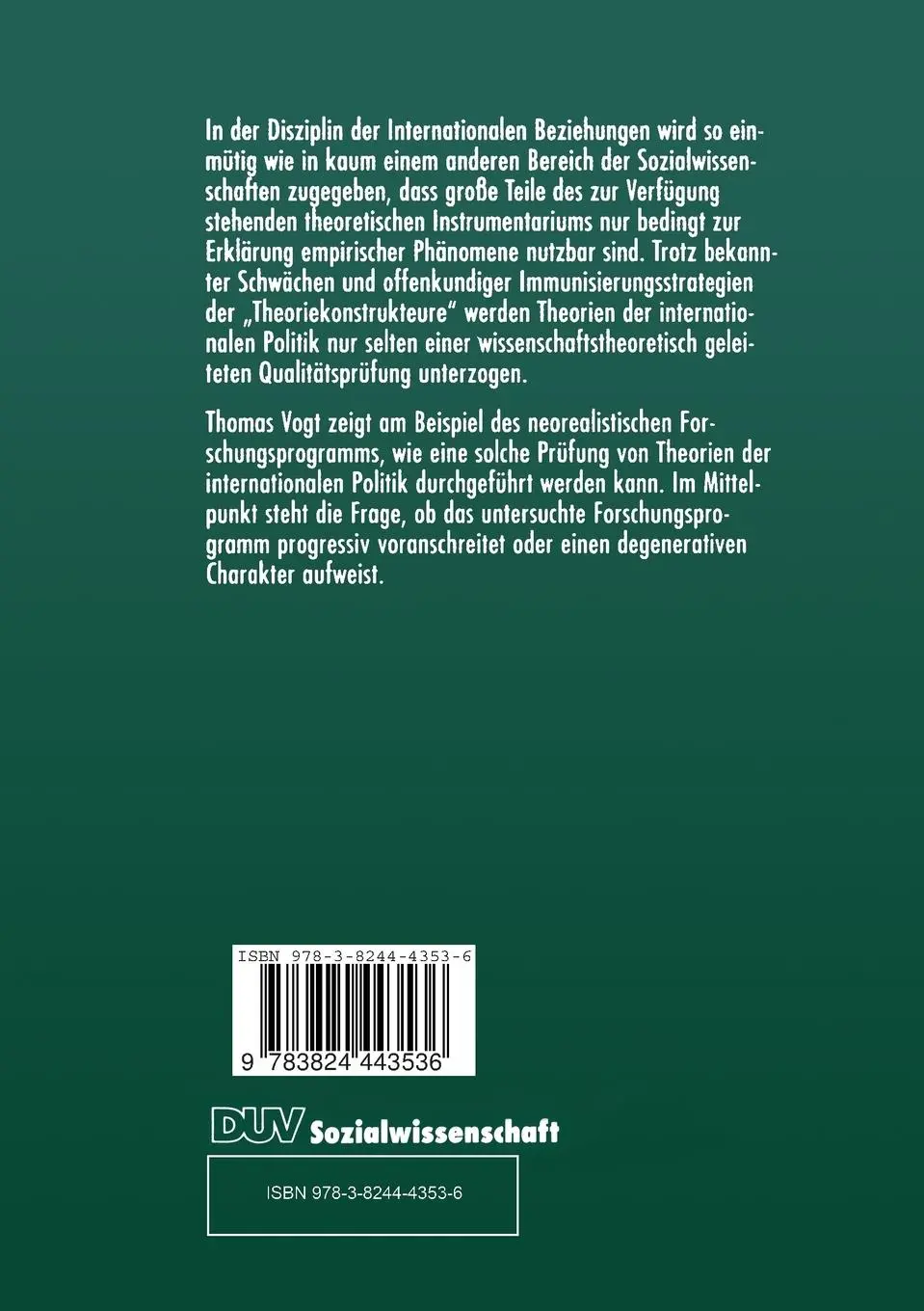 Rückseite: 9783824443536 | Der Neorealismus in der internationalen Politik | Thomas Vogt | Buch