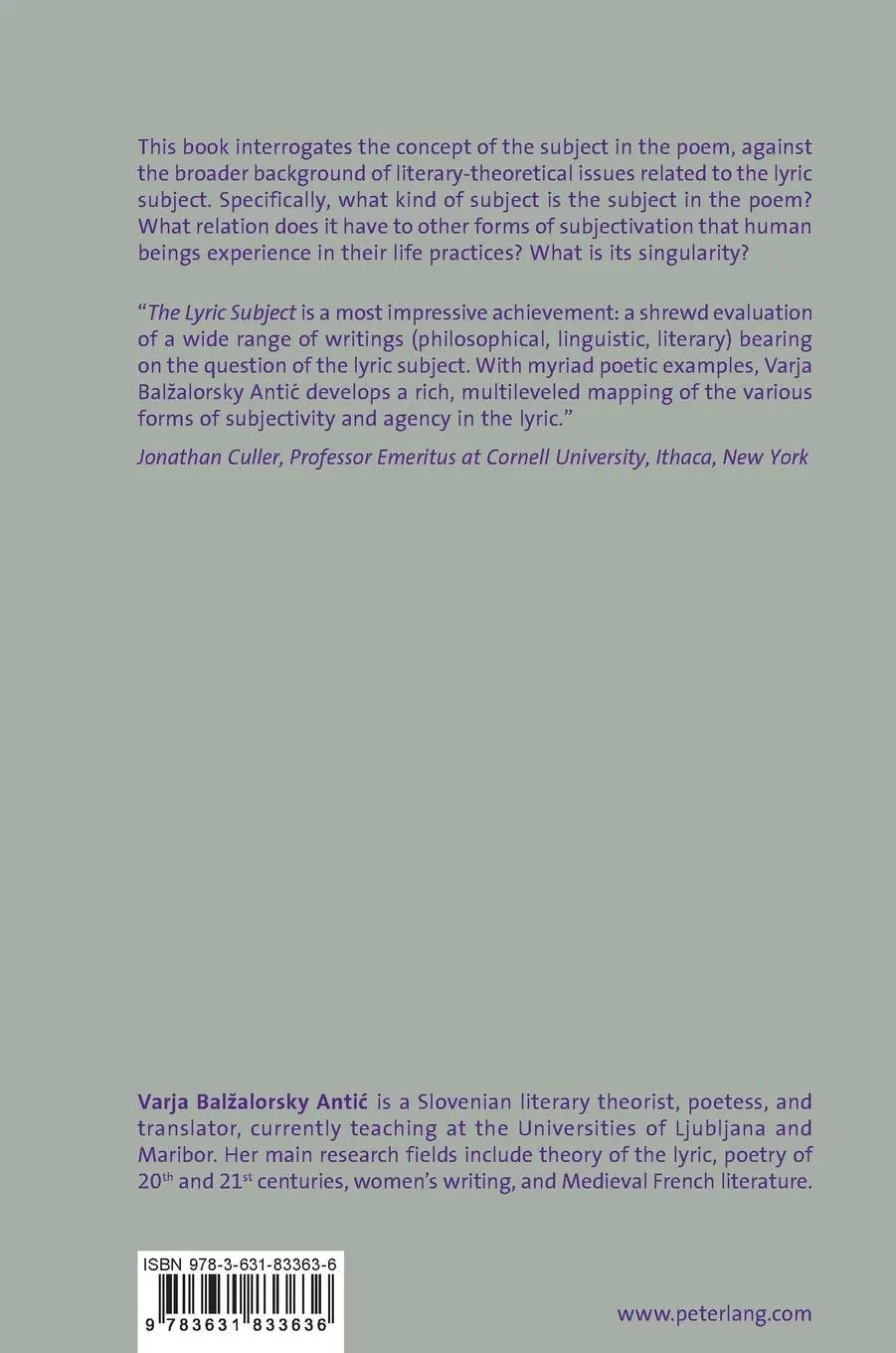Rückseite: 9783631833636 | The Lyric Subject | A Reconceptualization | Varja Bal¿alorsky Anti¿