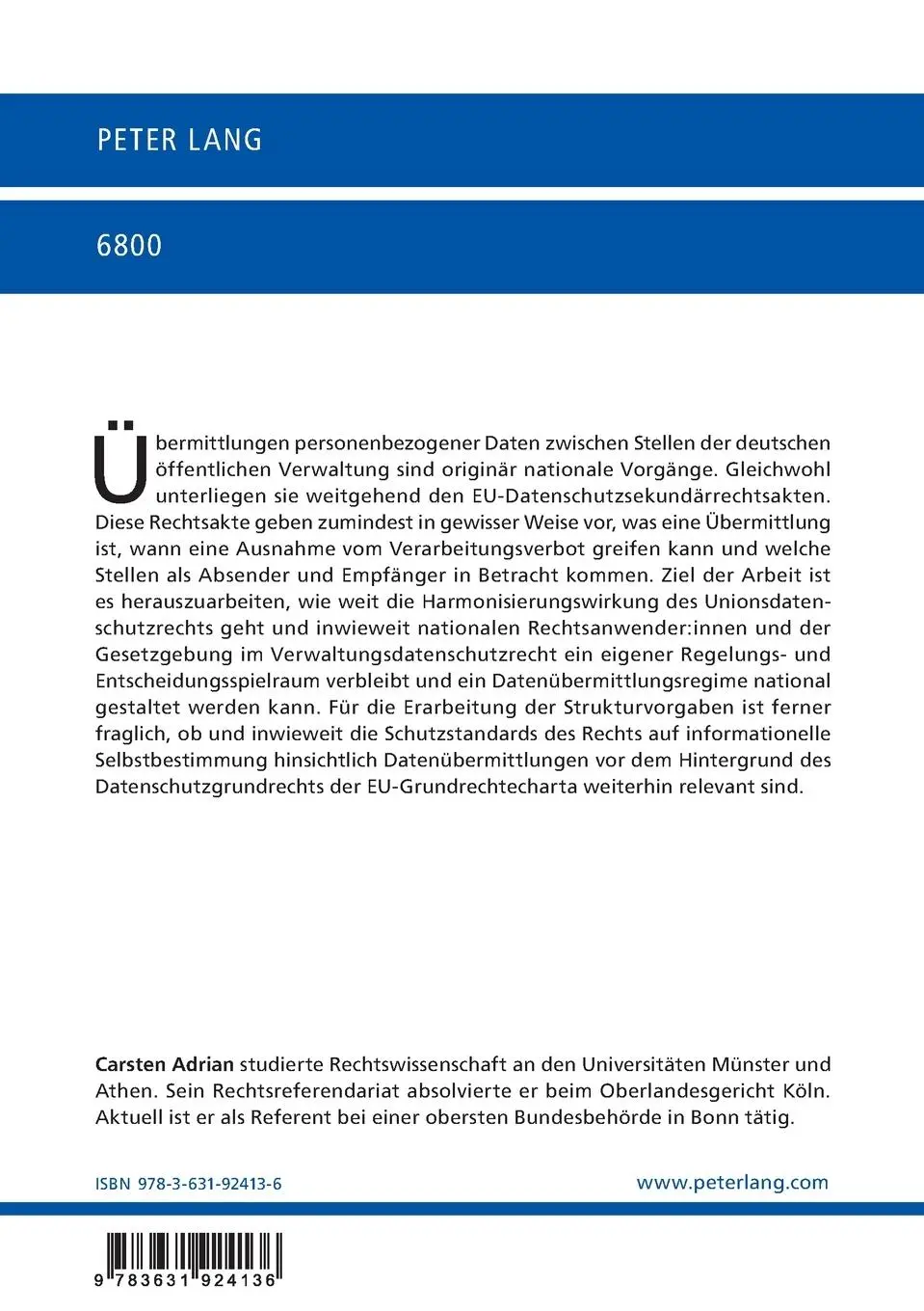 Rückseite: 9783631924136 | Datenübermittlung in der Verwaltung | Carsten Adrian | Taschenbuch
