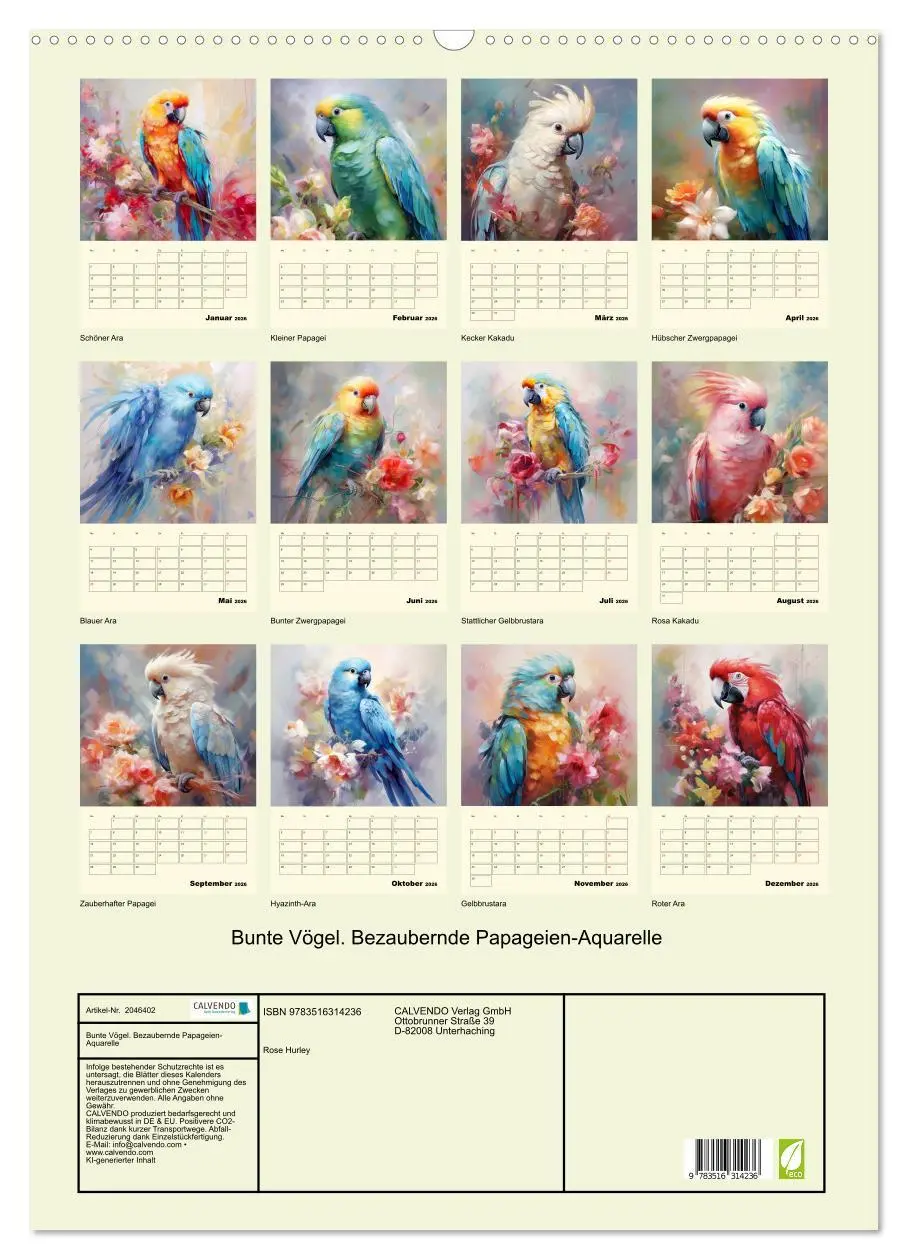 Bild: 9783516314236 | Bunte Vögel. Bezaubernde Papageien-Aquarelle (Wandkalender 2026 DIN...