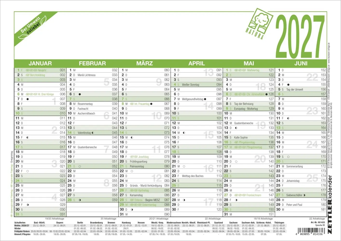 Cover: 4069095014336 | Arbeitstagekalender A4 Blauer Engel 2027 | Kalender | 1 S. | Deutsch