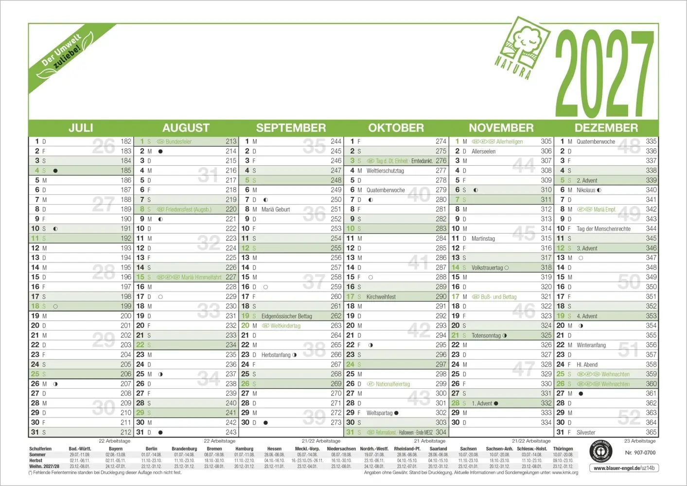 Bild: 4069095014336 | Arbeitstagekalender A4 Blauer Engel 2027 | Kalender | 1 S. | Deutsch