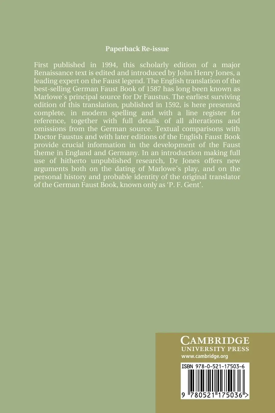 Rückseite: 9780521175036 | The English Faust Book | A Critical Edition Based on the Text of 1592
