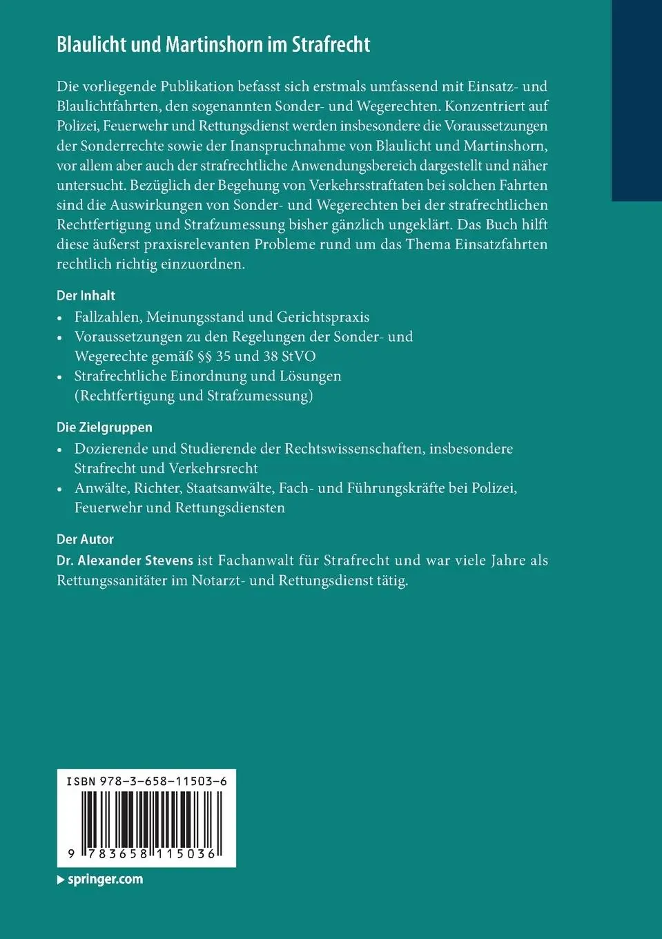 Rückseite: 9783658115036 | Blaulicht und Martinshorn im Strafrecht | Alexander Stevens | Buch