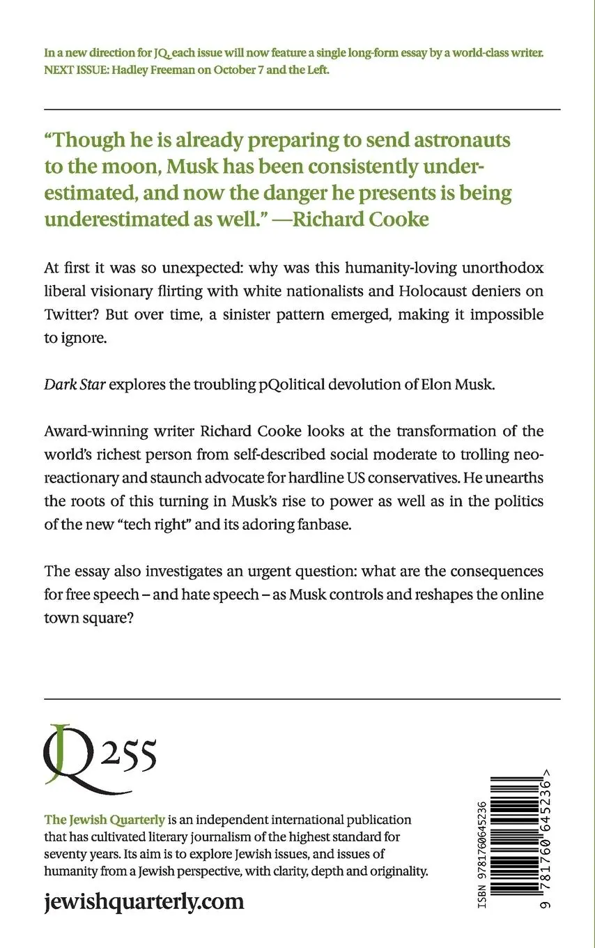 Rückseite: 9781760645236 | Dark Star | Elon Musk's Dangerous Turn: Jewish Quarterly 255 | Cooke