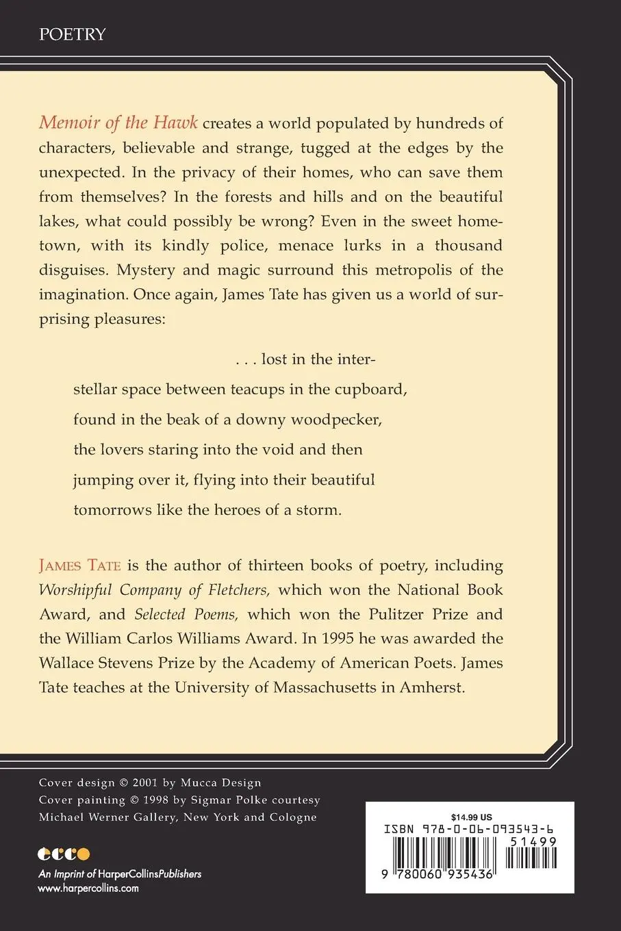 Rückseite: 9780060935436 | Memoir of the Hawk | Poems | James Tate | Taschenbuch | Englisch
