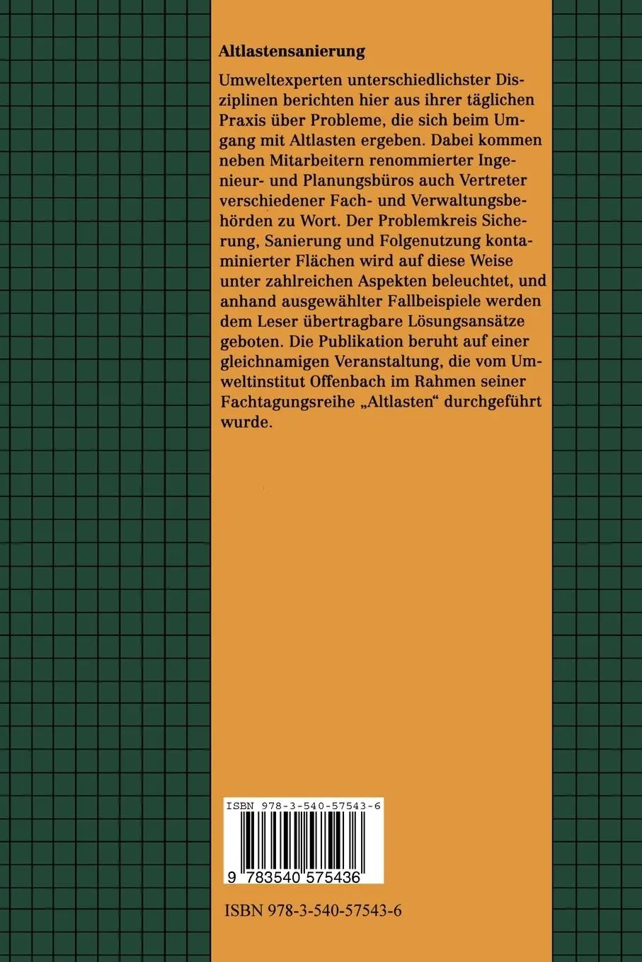 Rückseite: 9783540575436 | Altlastensanierung | Karl-Werner Kiefer | Taschenbuch | 202 S. | 1994