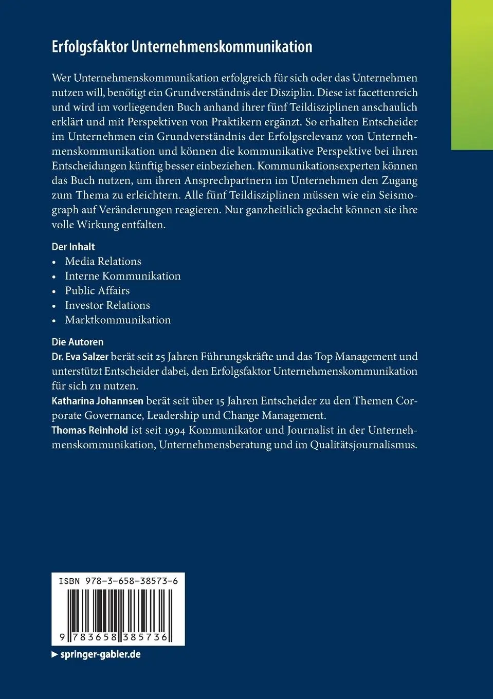 Rückseite: 9783658385736 | Erfolgsfaktor Unternehmenskommunikation | Eva Salzer (u. a.) | Buch