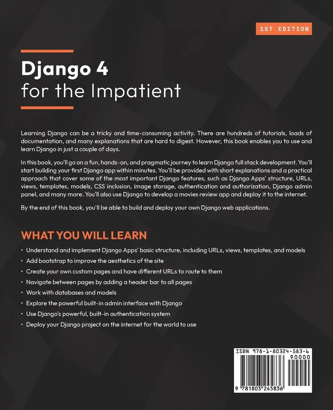 Rückseite: 9781803245836 | Django 4 for the Impatient | Greg Lim (u. a.) | Taschenbuch | Englisch