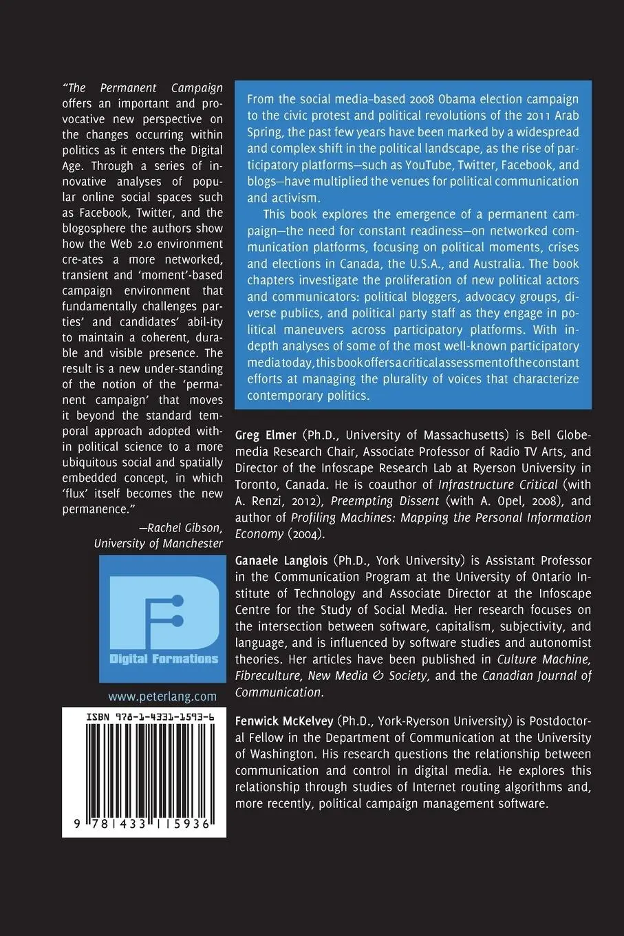 Rückseite: 9781433115936 | The Permanent Campaign | New Media, New Politics | Greg Elmer (u. a.)