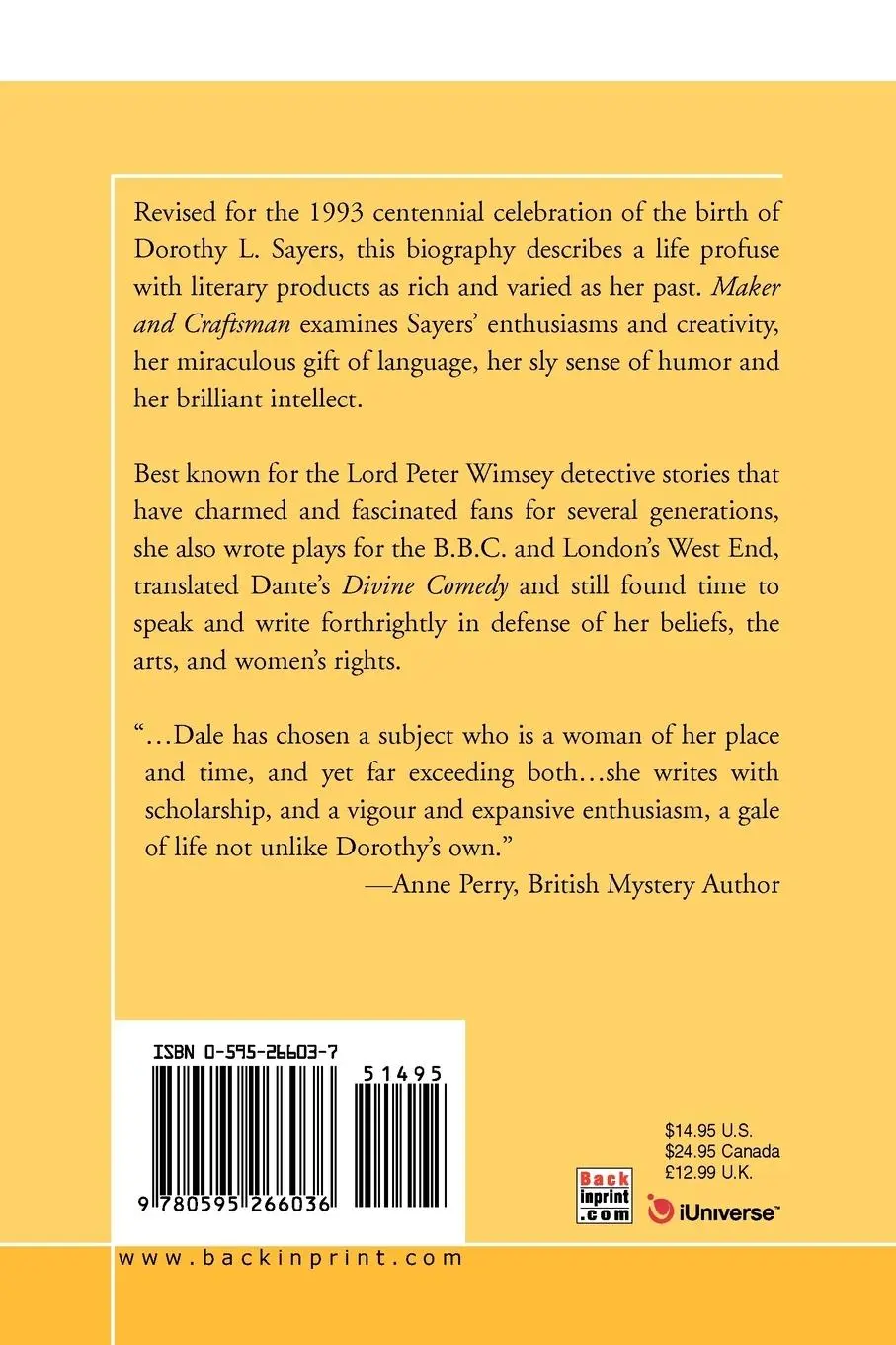 Rückseite: 9780595266036 | Maker and Craftsman | The Story of Dorothy L. Sayers | Dale | Buch