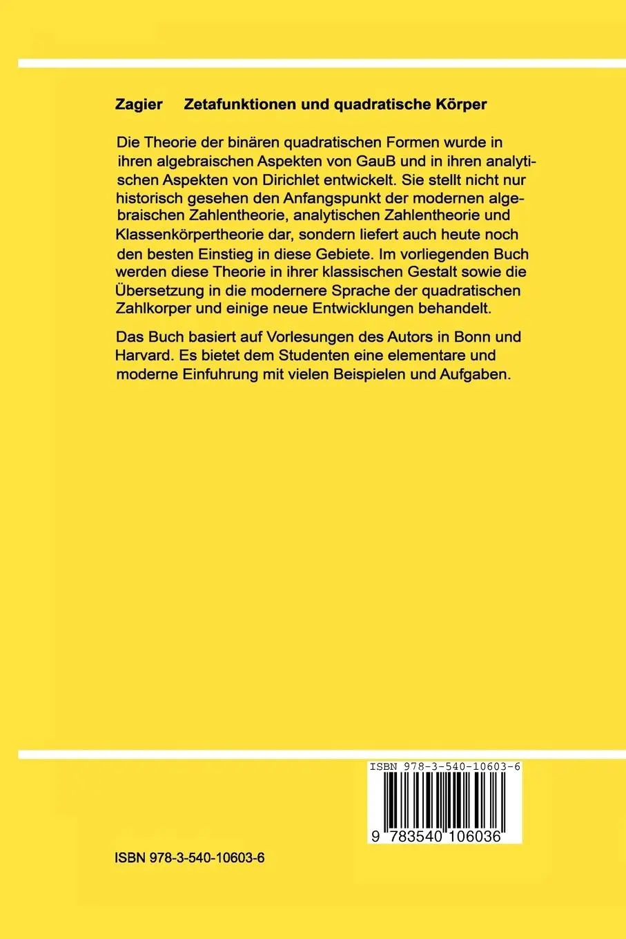Rückseite: 9783540106036 | Zetafunktionen und quadratische Körper | D. B. Zagier | Taschenbuch