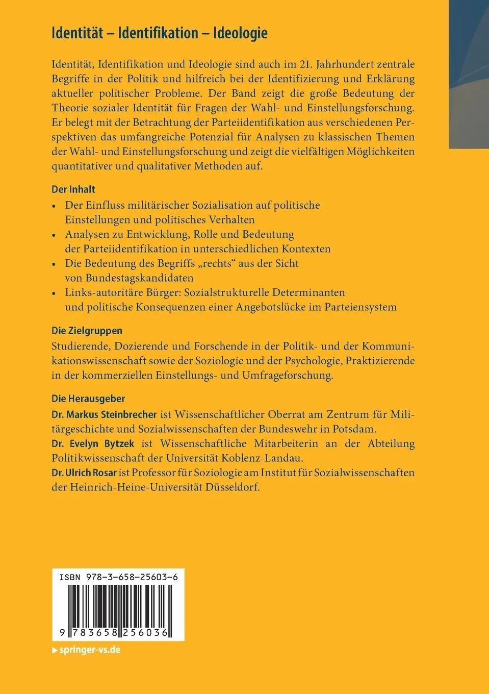 Rückseite: 9783658256036 | Identität - Identifikation - Ideologie | Markus Steinbrecher (u. a.)