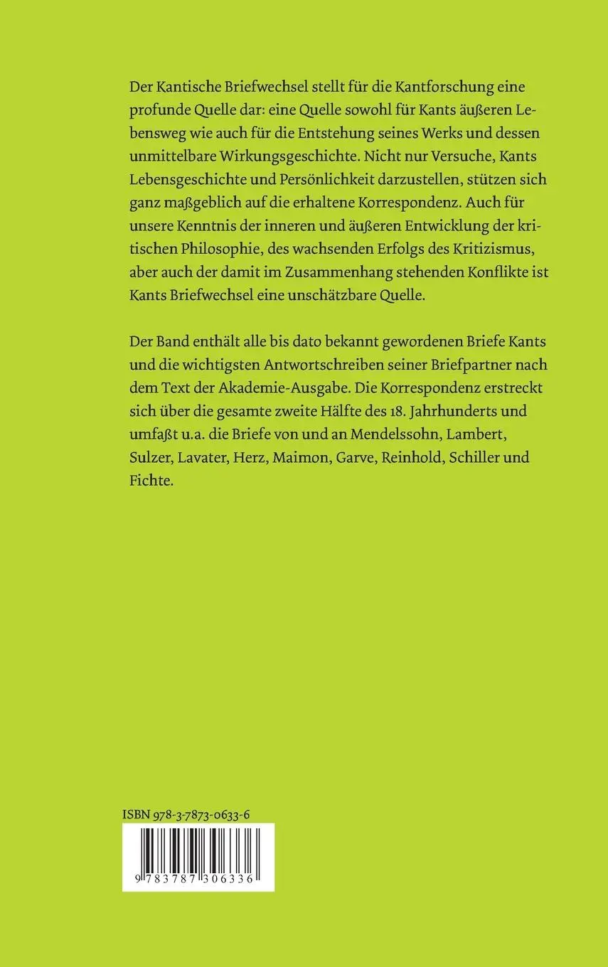Rückseite: 9783787306336 | Briefwechsel | Immanuel Kant | Buch | 1048 S. | Deutsch | 1986