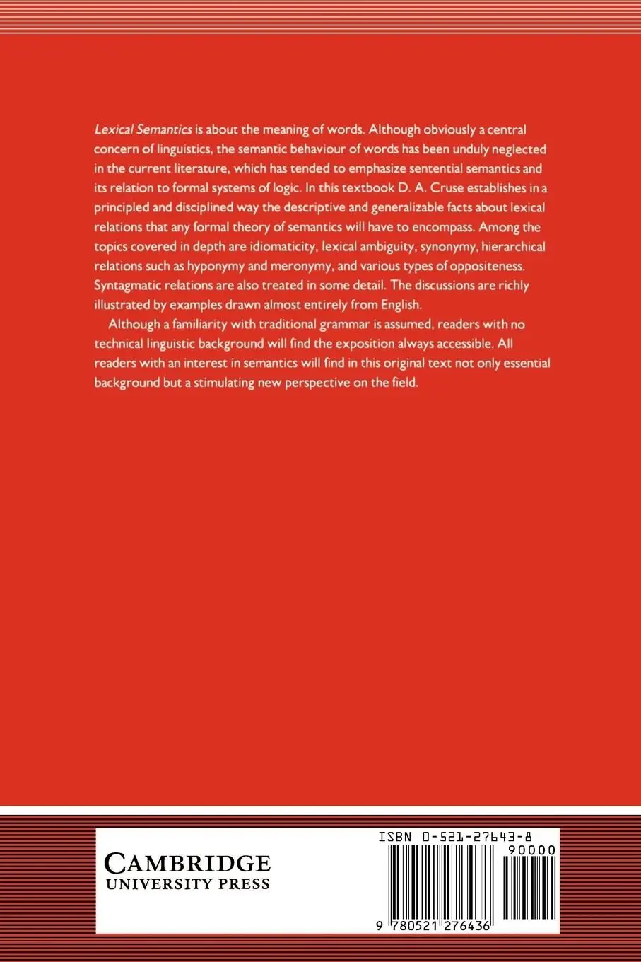 Rückseite: 9780521276436 | Lexical Semantics | D. A. Cruse | Taschenbuch | Englisch | 1986