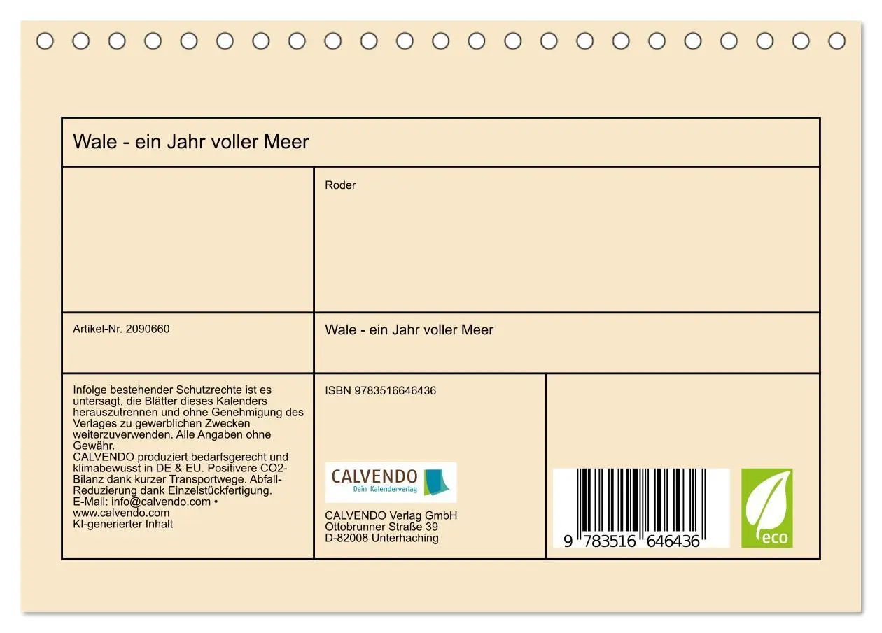 Bild: 9783516646436 | Wale - ein Jahr voller Meer (Tischkalender 2026 DIN A5 quer),...