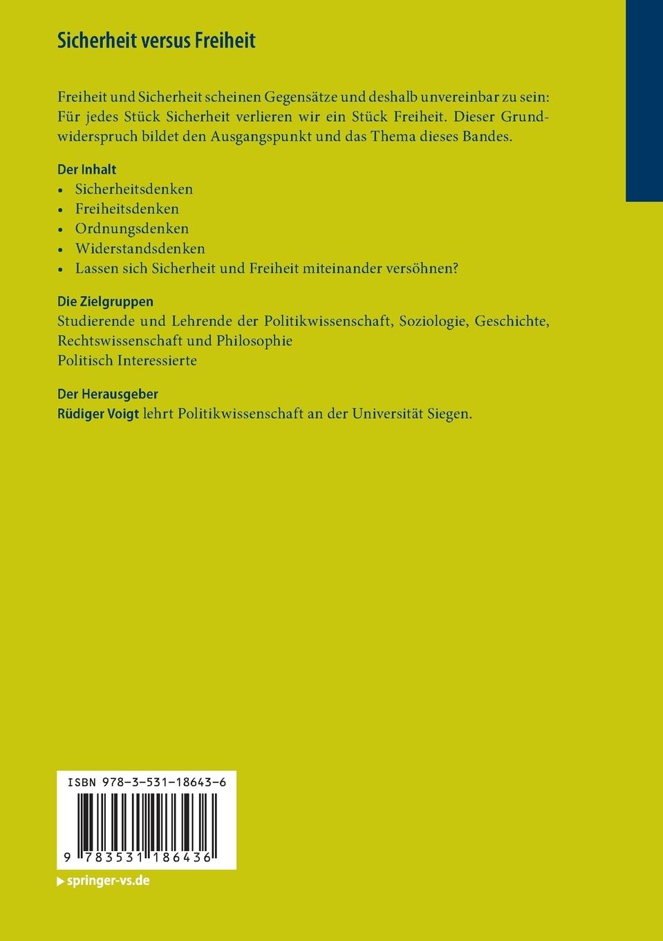 Rückseite: 9783531186436 | Sicherheit versus Freiheit | Rüdiger Voigt | Taschenbuch | xii | 2012