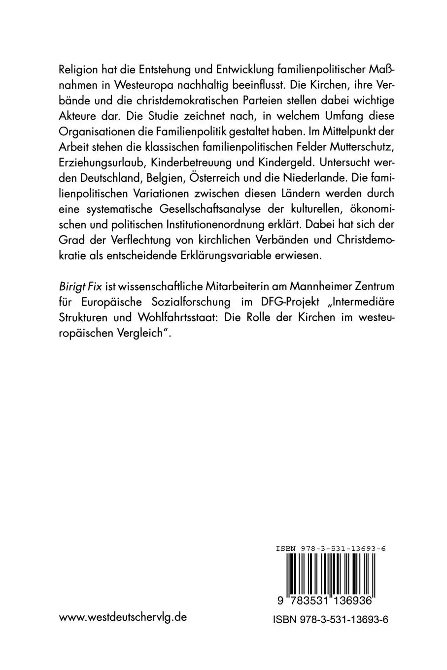 Rückseite: 9783531136936 | Religion und Familienpolitik | Birgit Fix | Taschenbuch | 224 S.