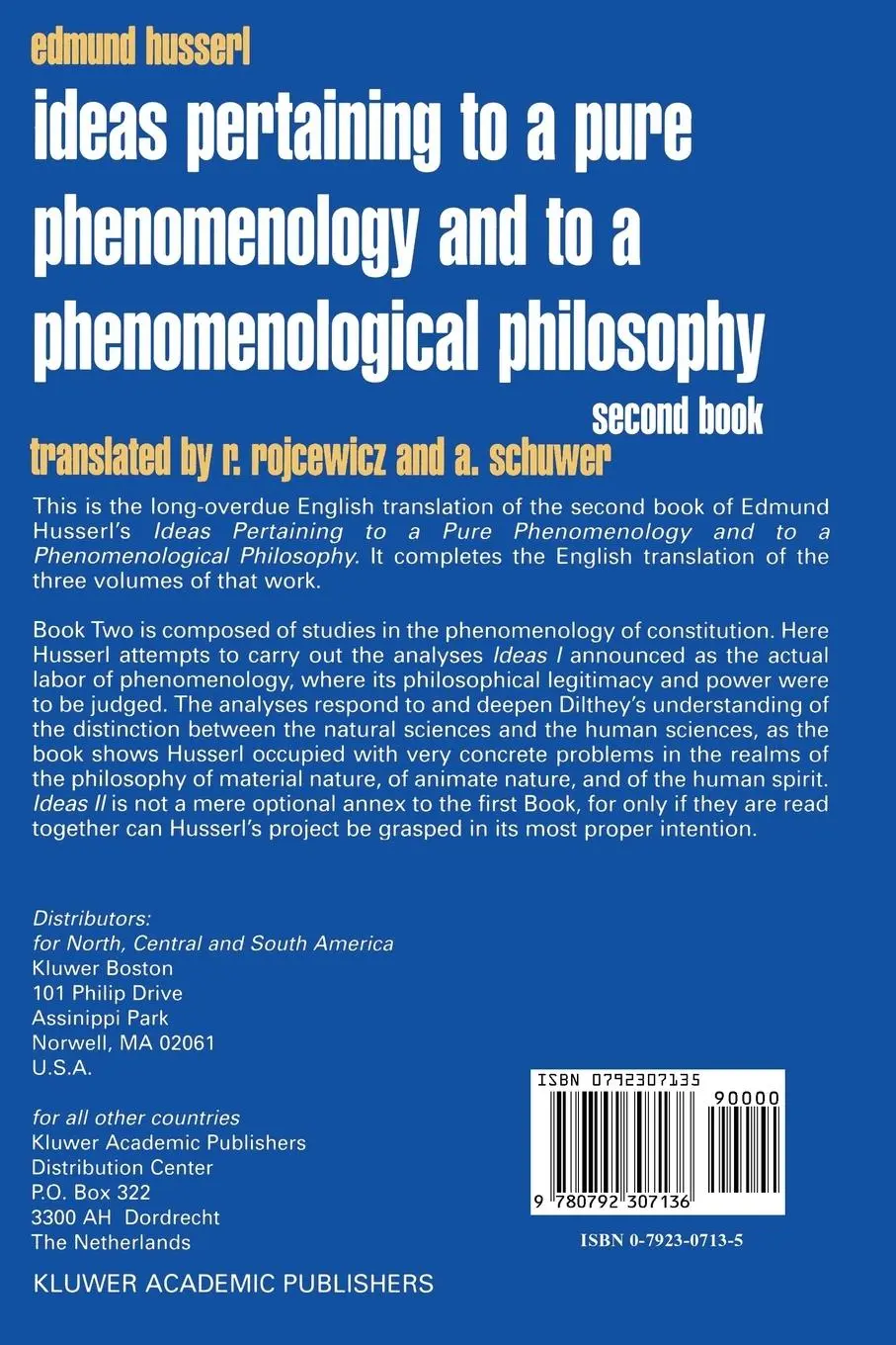 Rückseite: 9780792307136 | Ideas Pertaining to a Pure Phenomenology and to a Phenomenological...