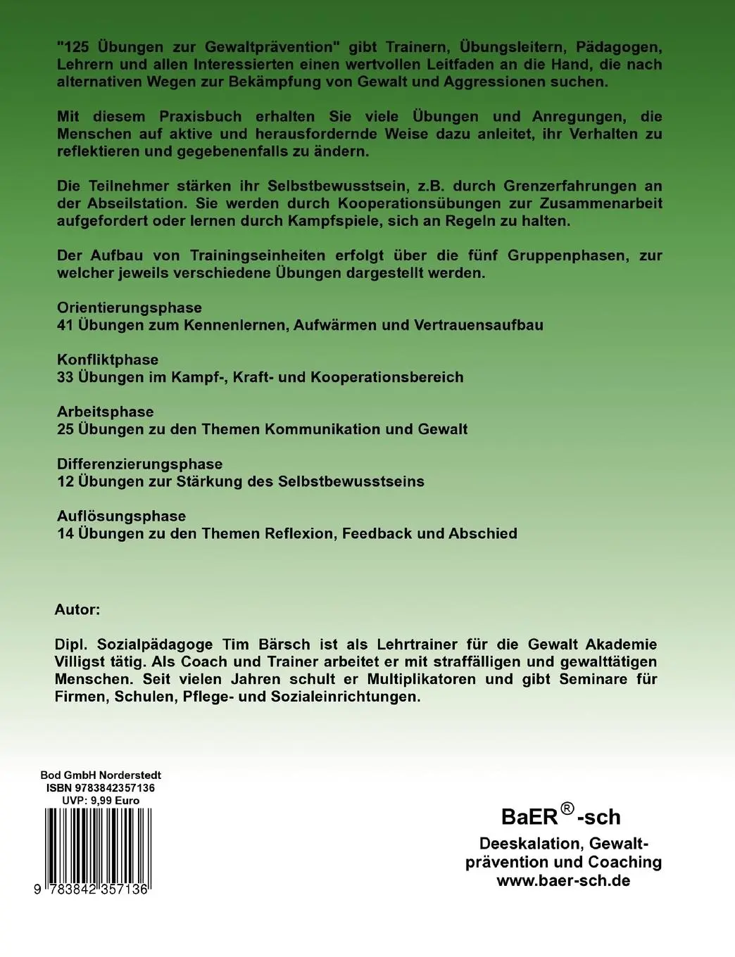 Rückseite: 9783842357136 | 125 Übungen zur Gewaltprävention | Tim Bärsch | Taschenbuch | 128 S.