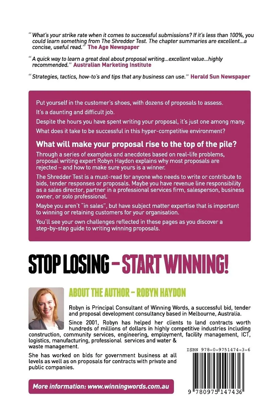 Rückseite: 9780975147436 | The Shredder Test | A Step-By-Step Guide to Writing Winning Proposals