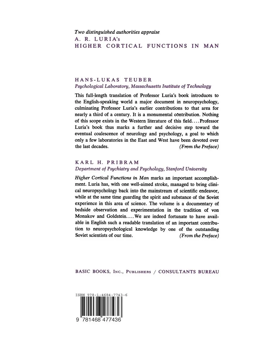 Rückseite: 9781468477436 | Higher Cortical Functions in Man | Aleksandr Romanovich Luria | Buch