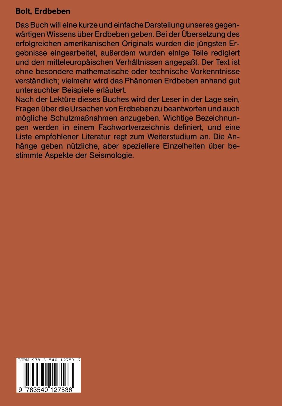 Rückseite: 9783540127536 | Erdbeben | Eine Einführung | Bruce A. Bolt | Taschenbuch | x | Deutsch