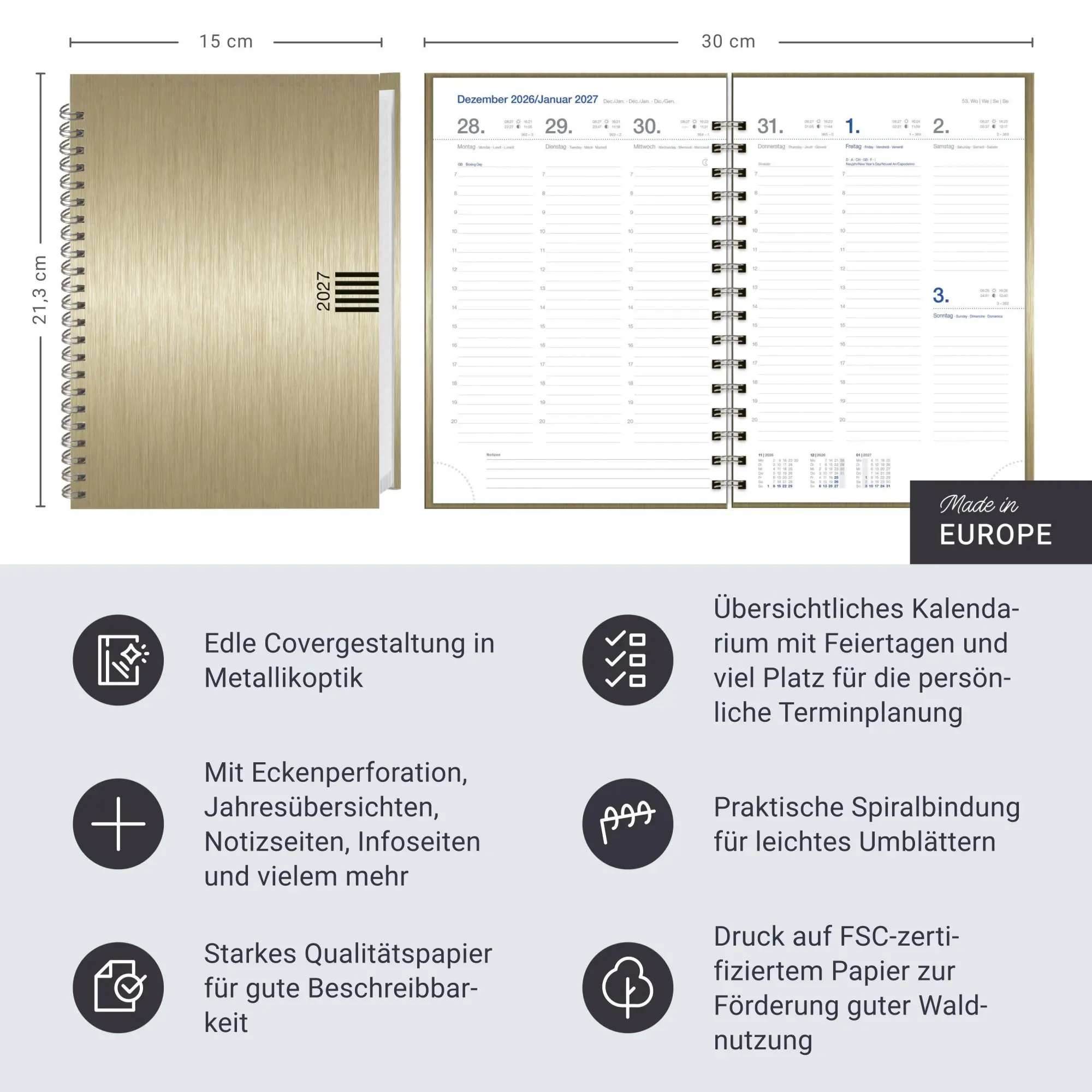 Bild: 9783756417636 | Wochen-Cheftimer A5, Alu gold 2027 | Heye | Buch | Bürokalender Heye