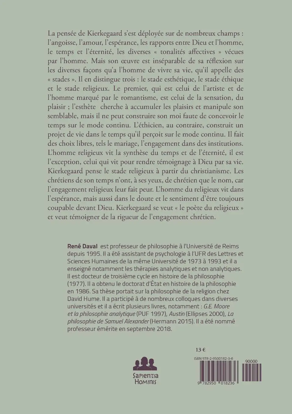 Rückseite: 9782950018236 | Kierkegaard et la théorie des stades sur le chemin de la vie | Daval