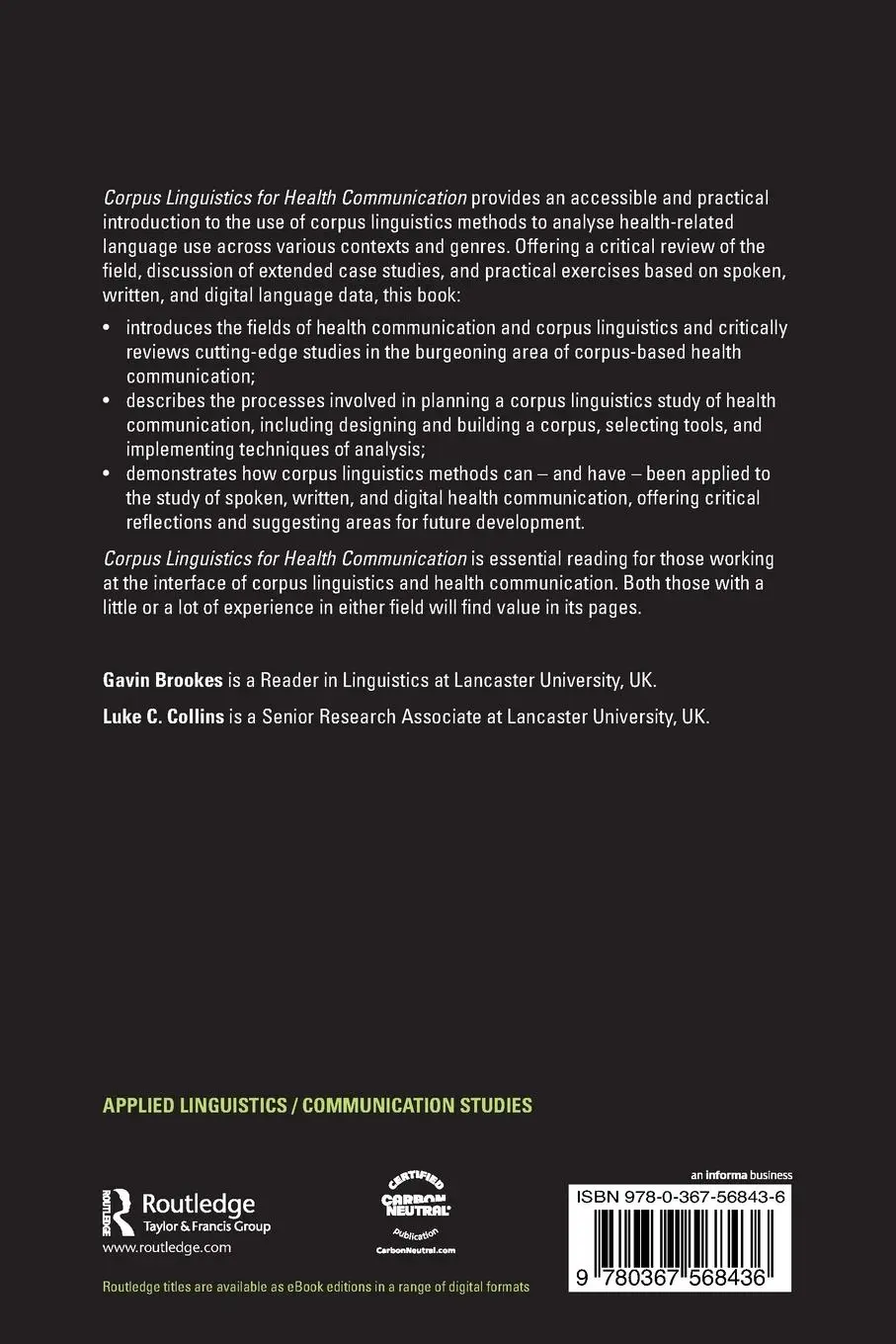 Rückseite: 9780367568436 | Corpus Linguistics for Health Communication | A Guide for Research