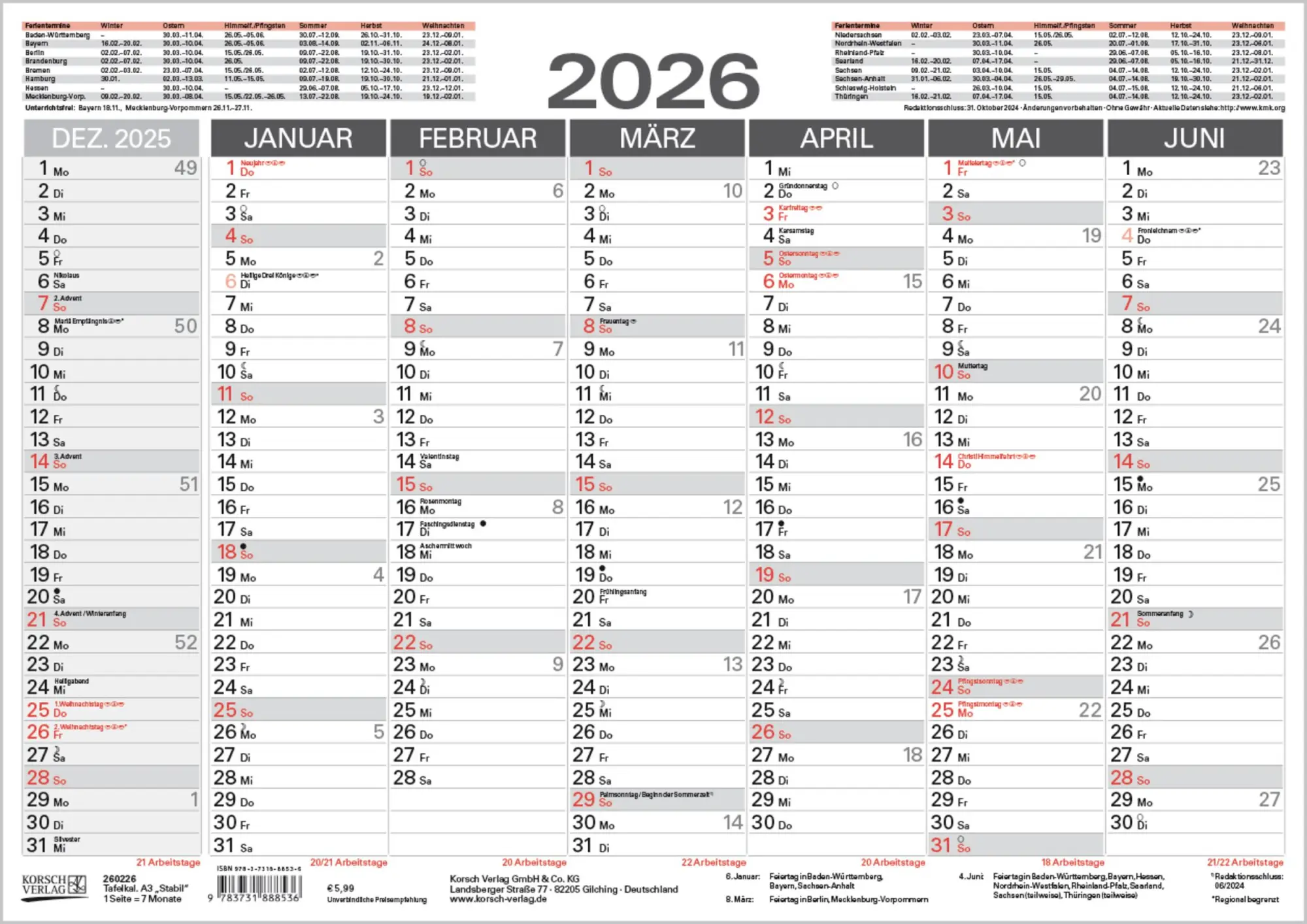 Cover: 9783731888536 | Tafelkalender A3 "Stabil" 2026 | Verlag Korsch | Kalender | 1 S.