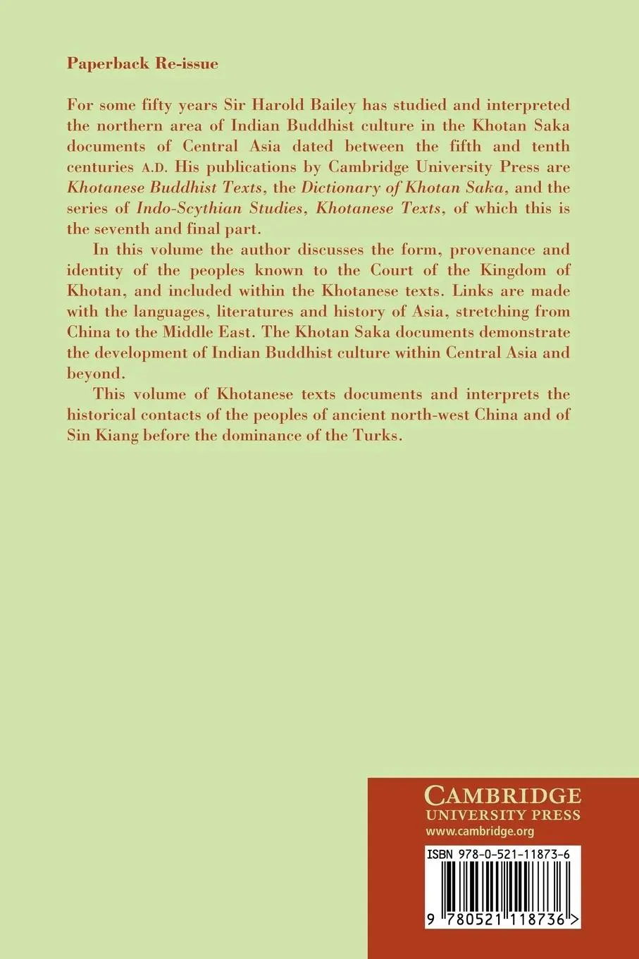 Rückseite: 9780521118736 | Indo-Scythian Studies | Being Khotanese Texts Volume VII | Taschenbuch
