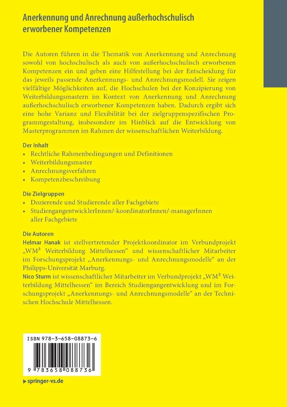 Rückseite: 9783658088736 | Anerkennung und Anrechnung außerhochschulisch erworbener Kompetenzen