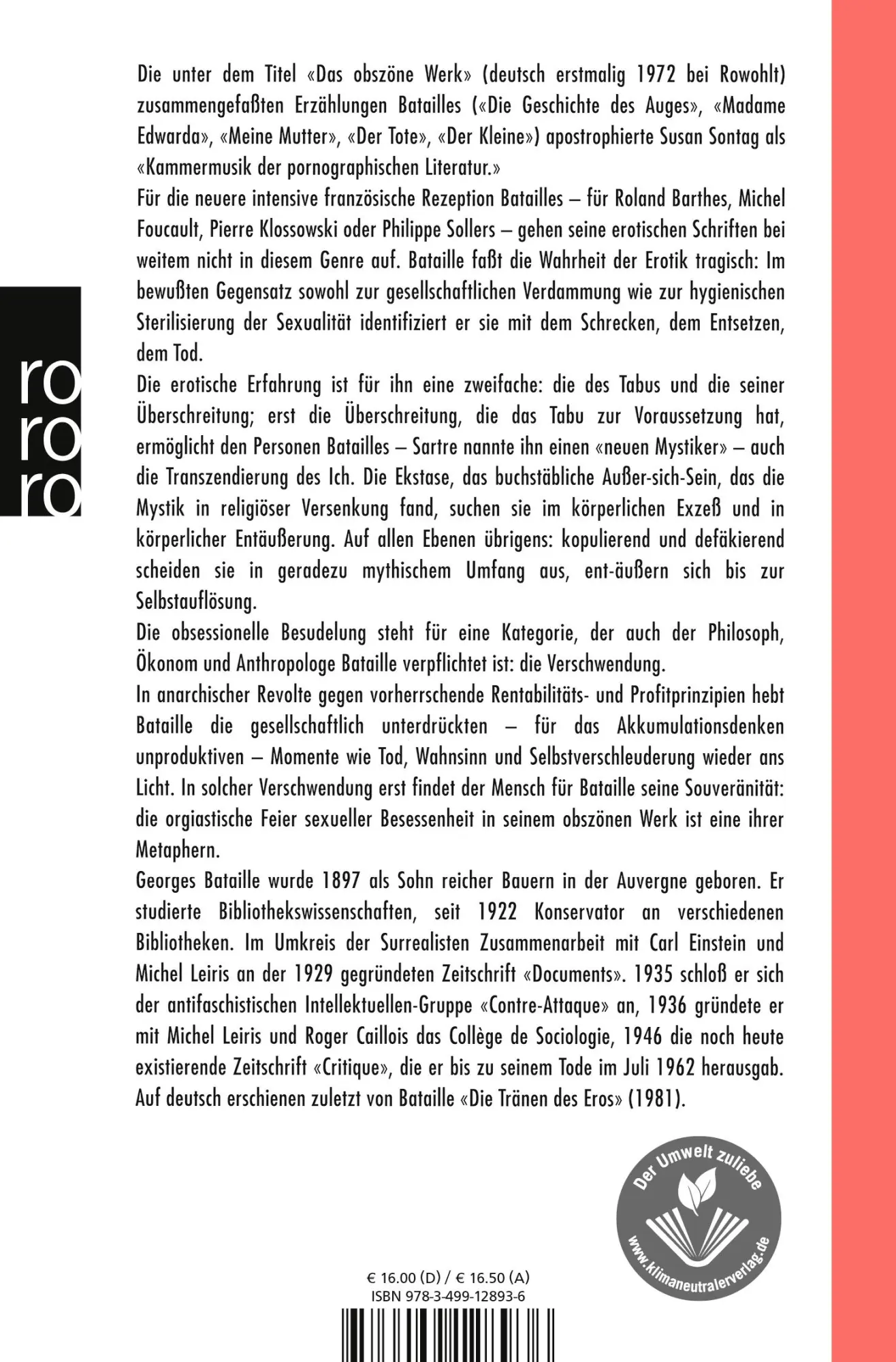 Rückseite: 9783499128936 | Das obszöne Werk | Georges Bataille | Taschenbuch | 240 S. | Deutsch