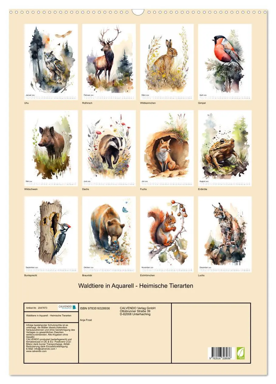 Bild: 9783516328936 | Waldtiere in Aquarell - Heimische Tierarten (Wandkalender 2026 DIN...