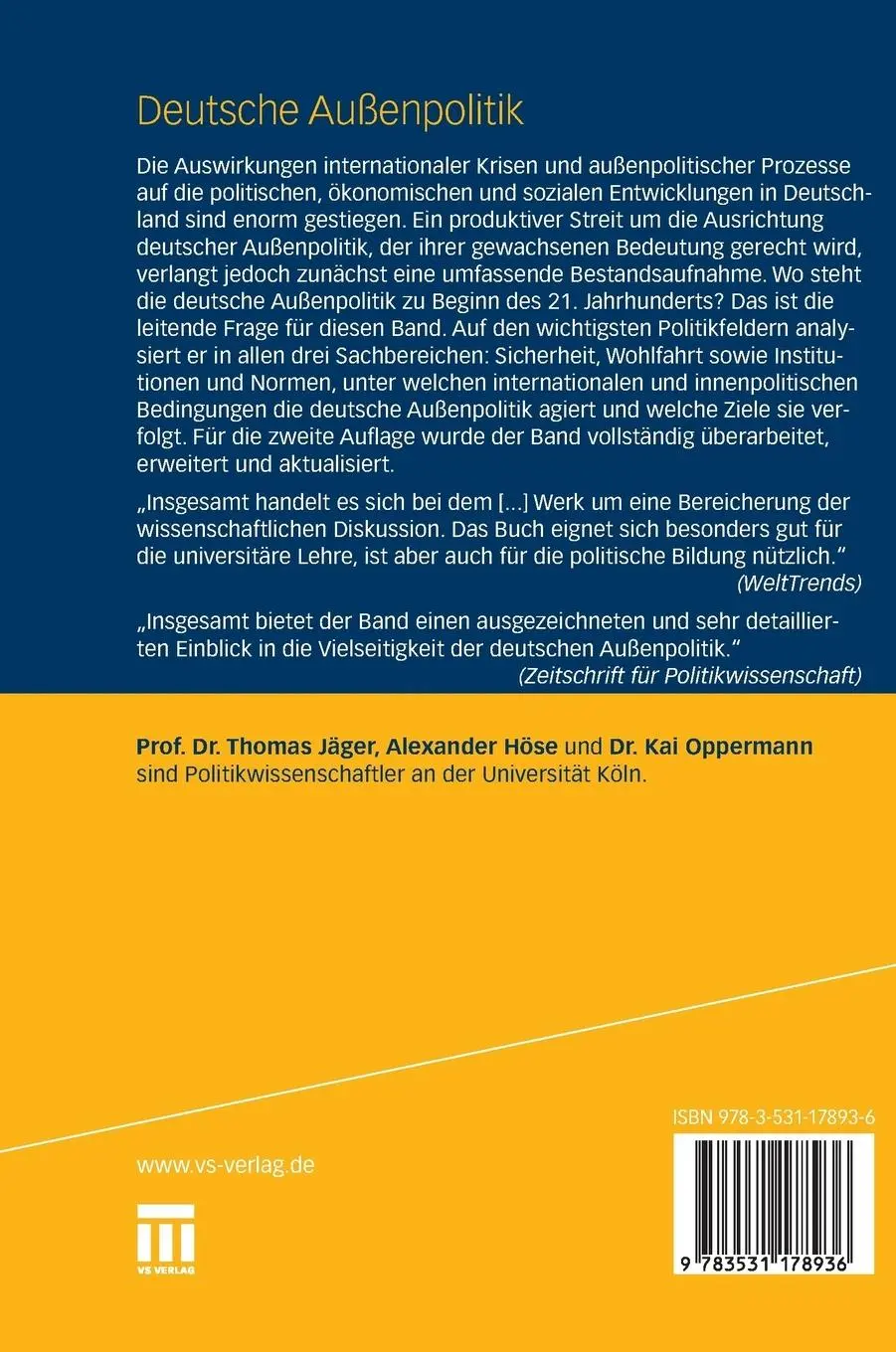 Rückseite: 9783531178936 | Deutsche Außenpolitik | Thomas Jäger (u. a.) | Buch | 768 S. | Deutsch