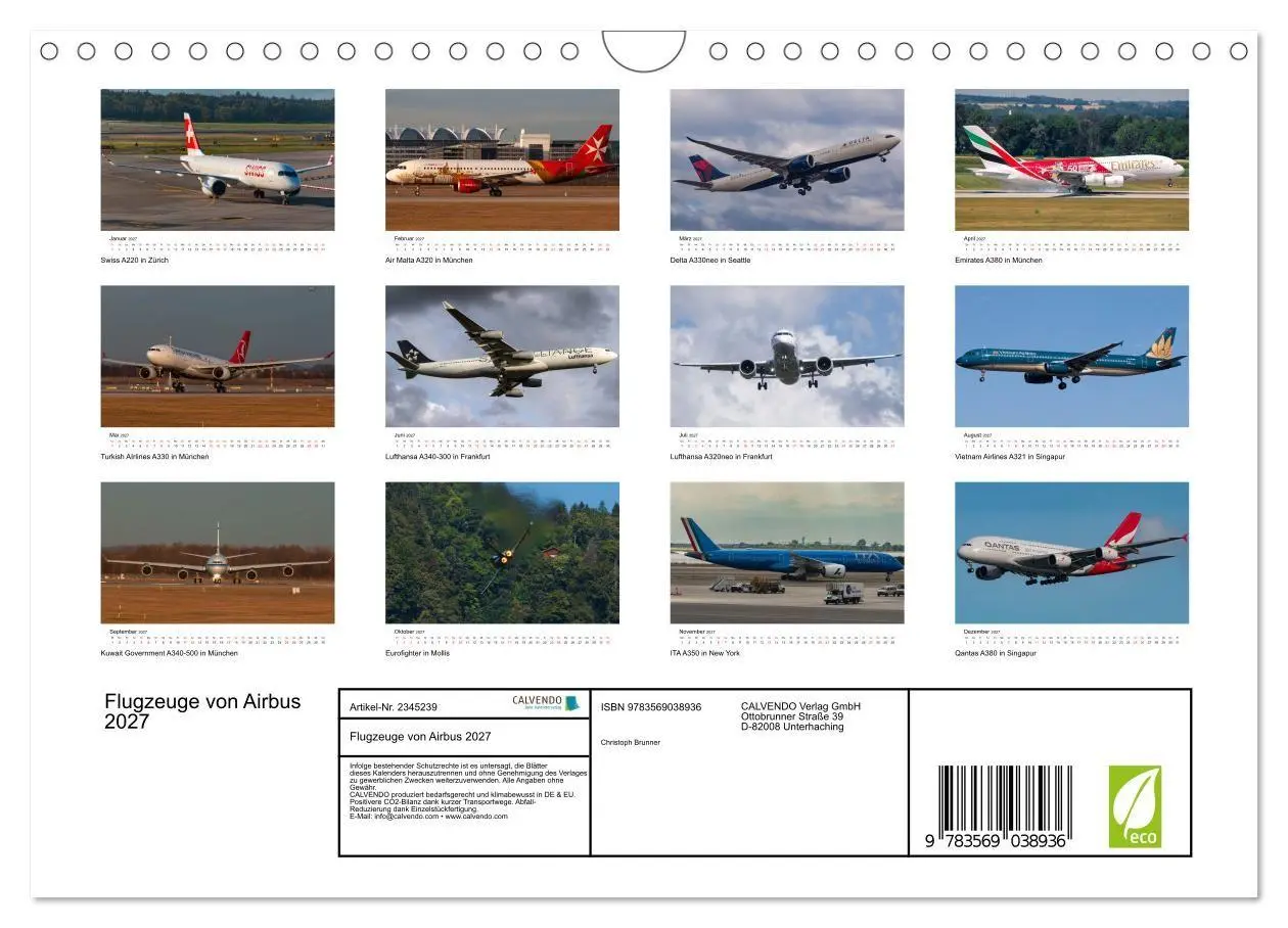 Bild: 9783569038936 | Flugzeuge von Airbus 2027 (Wandkalender 2027 DIN A4 quer), CALVENDO...