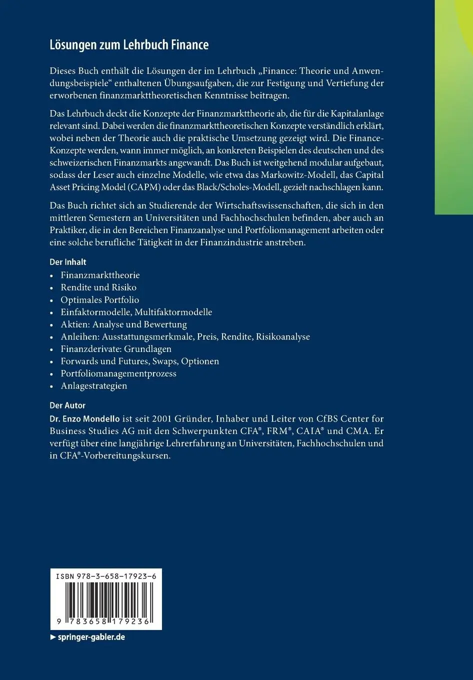 Rückseite: 9783658179236 | Lösungen zum Lehrbuch Finance | Theorie und Anwendungsbeispiele | Buch