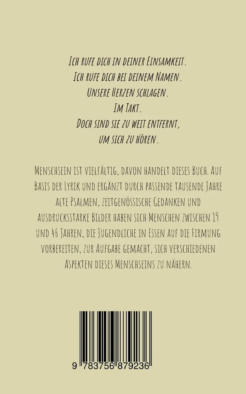 Rückseite: 9783756879236 | Menschsein | Lyrik.Psalm.Gedanken.Bild | Hanna Formella | Taschenbuch