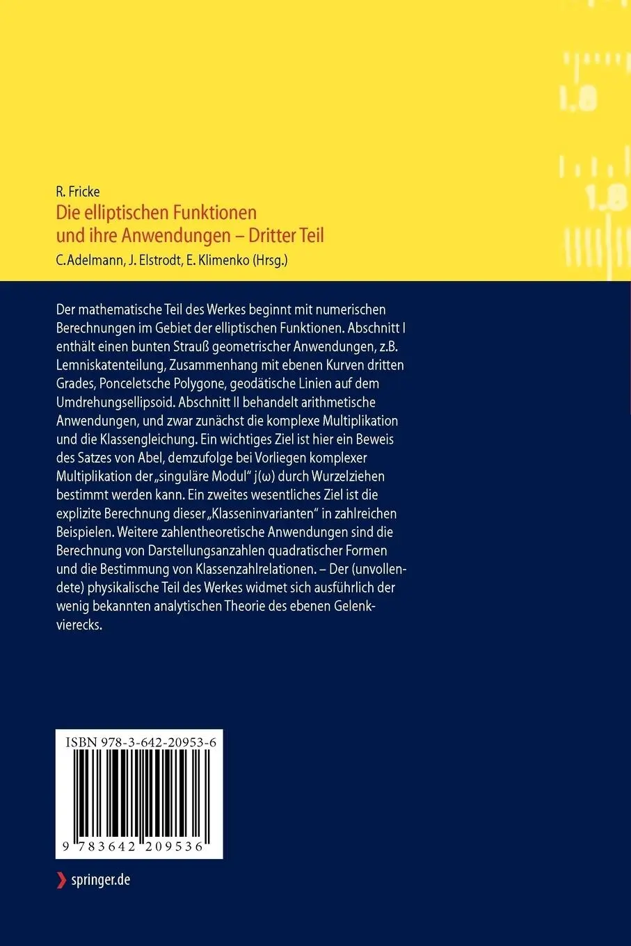 Rückseite: 9783642209536 | Die elliptischen Funktionen und ihre Anwendungen | Robert Fricke