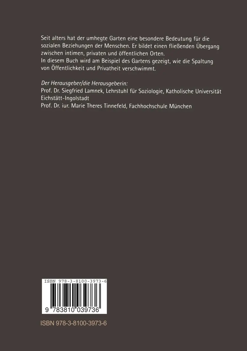 Rückseite: 9783810039736 | Privatheit, Garten und politische Kultur | M. Tinnefeld (u. a.) | Buch
