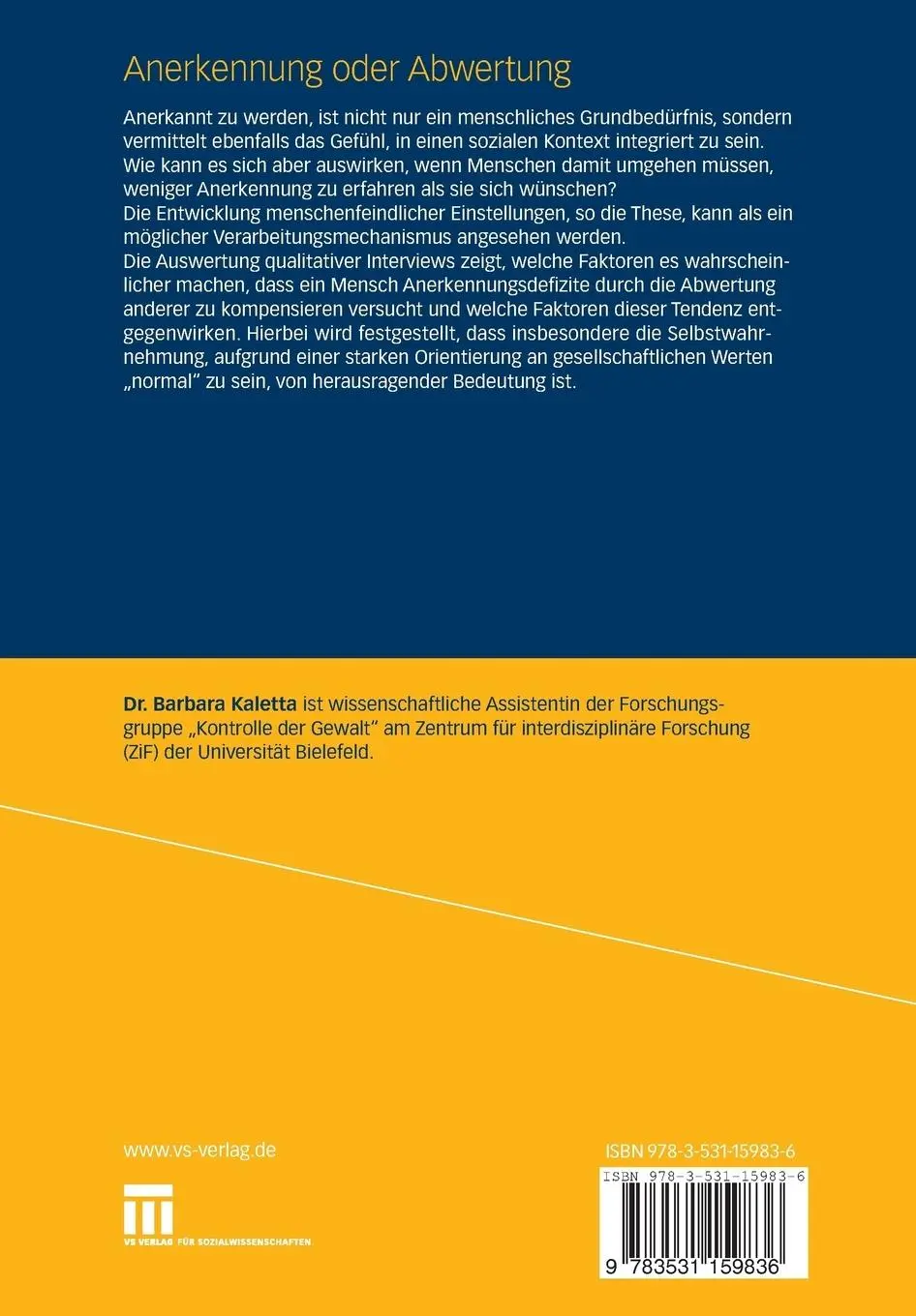 Rückseite: 9783531159836 | Anerkennung oder Abwertung | Barbara Kaletta | Taschenbuch | 228 S.