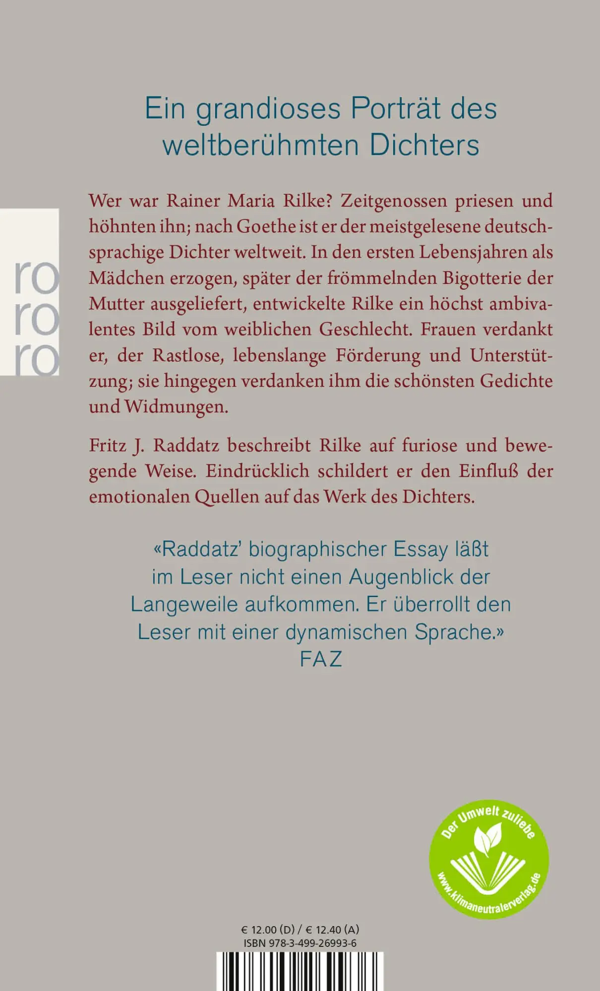 Rückseite: 9783499269936 | Rainer Maria Rilke | Überzähliges Dasein. Eine Biographie | Raddatz
