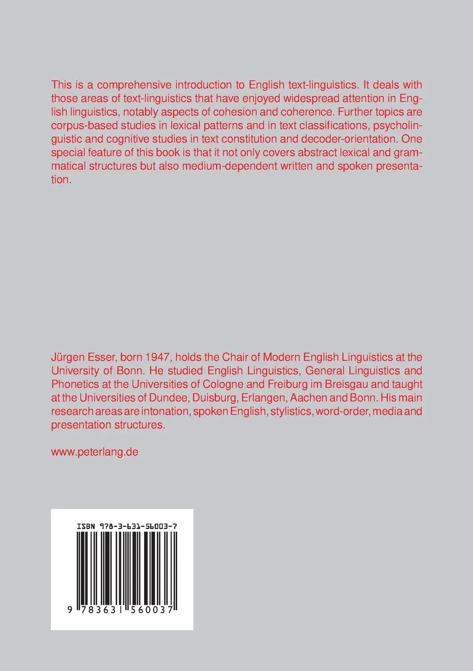 Rückseite: 9783631560037 | Introduction to English Text-linguistics | Jürgen Esser | Taschenbuch