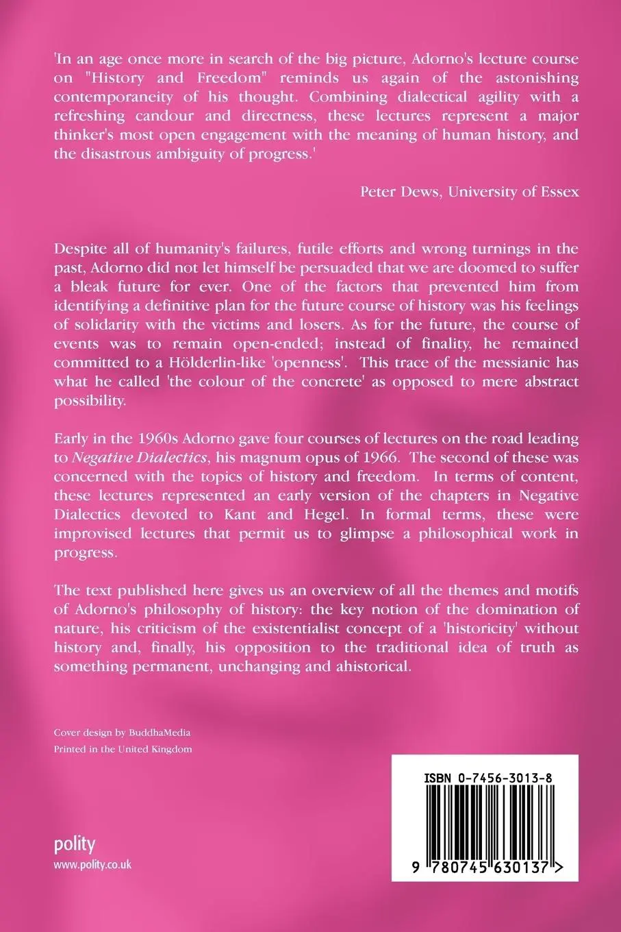 Rückseite: 9780745630137 | History and Freedom | Lectures 1964-1965 | Theodor W Adorno | Buch