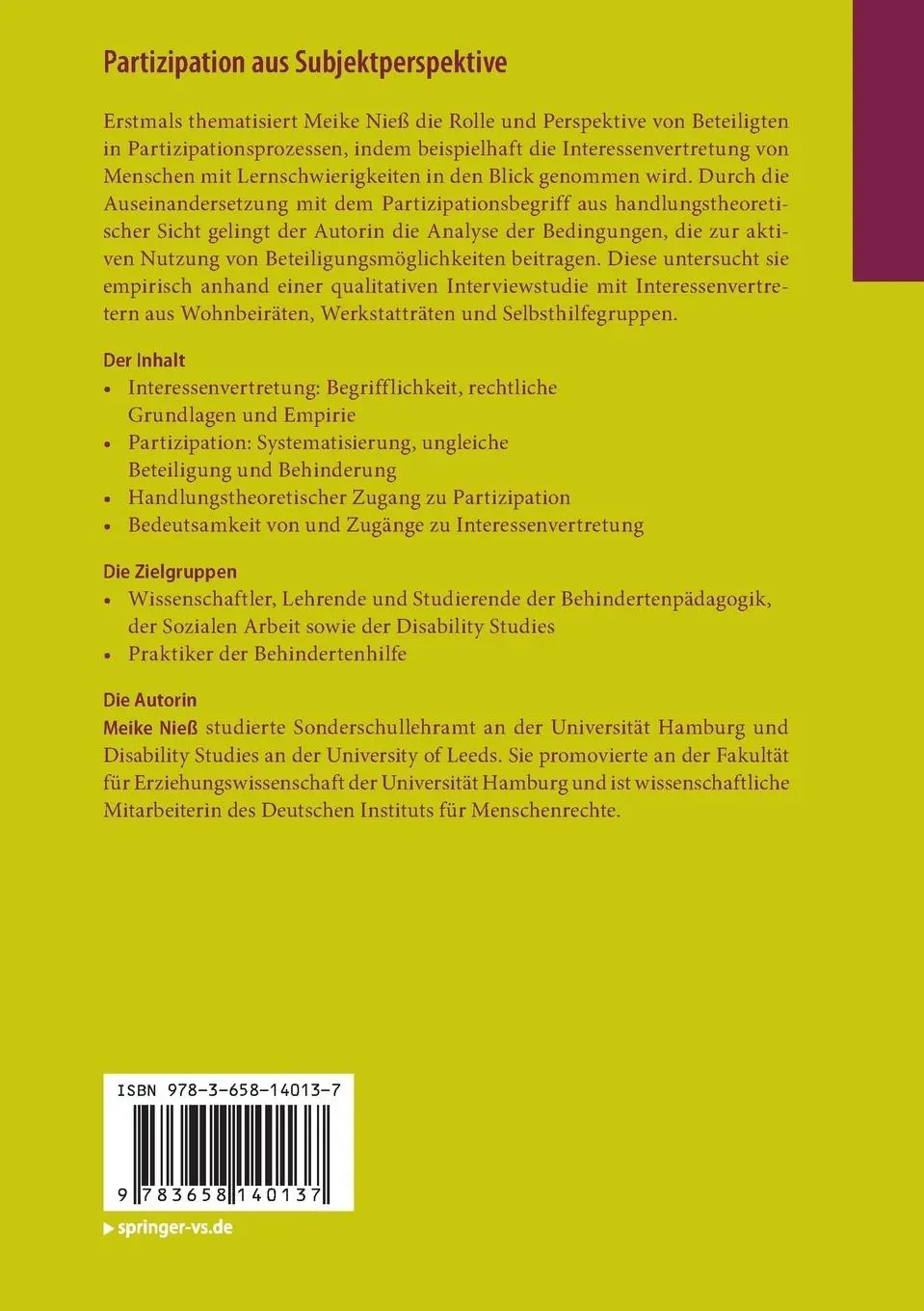 Rückseite: 9783658140137 | Partizipation aus Subjektperspektive | Meike Nieß | Taschenbuch | xiii
