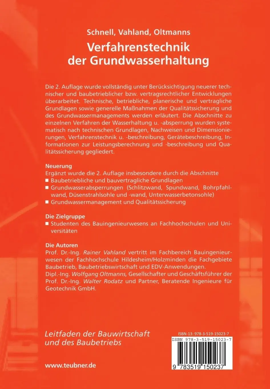 Rückseite: 9783519150237 | Verfahrenstechnik der Grundwasserhaltung | Wolfgang Schnell (u. a.)