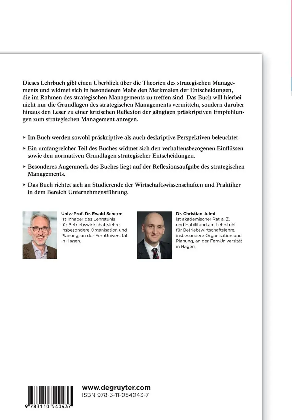 Rückseite: 9783110540437 | Strategisches Management | Theorie, Entscheidung, Reflexion | Buch